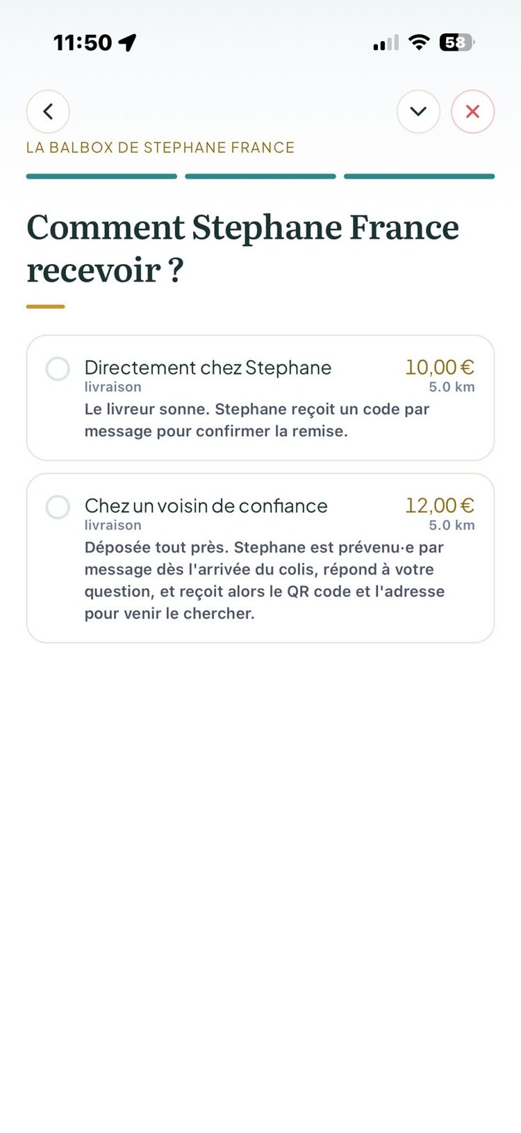 Choix « Directement chez le destinataire » dans l'app BalBox