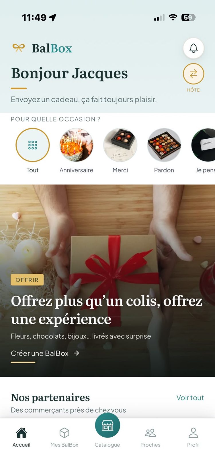 Écran d'accueil de l'app BalBox, avec la bannière « Offrez plus qu'un colis »